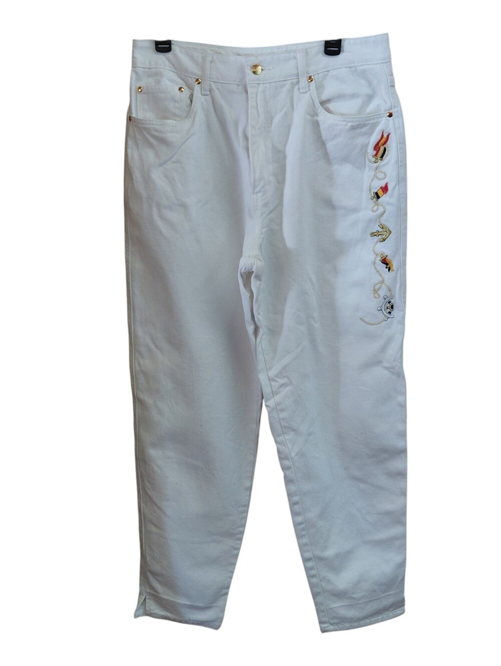 Jeans Couture White Denim Nautical Theme Embroidered Design Jeans    Size 14